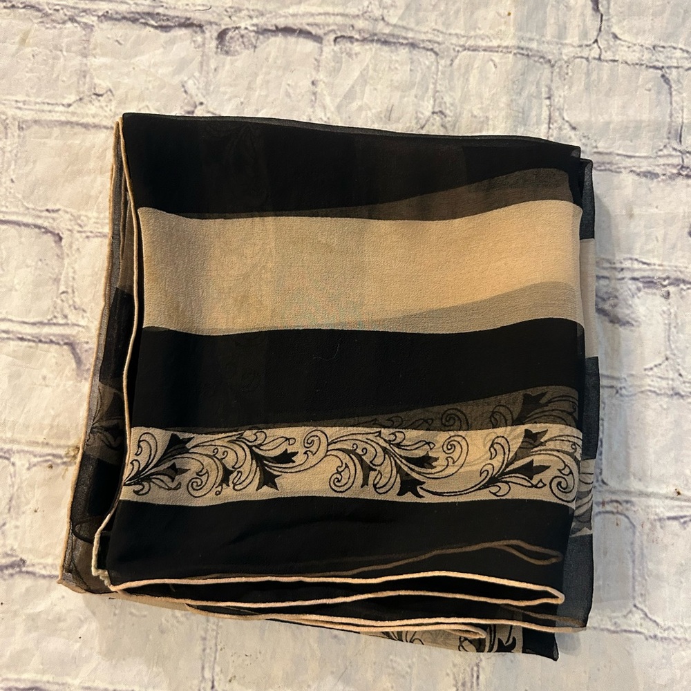 VINTAGE ALL SICK HAND SCREEN PRINT HAND ROLLED SHEER BLACK/BEIGE SQUARE SCARF